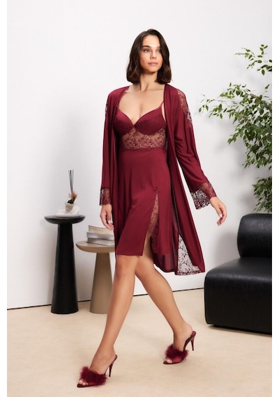 Pierre Cardin Bordo 6'lı Modal Gecelik Sabahlık Çeyiz Seti 5000 Bordo