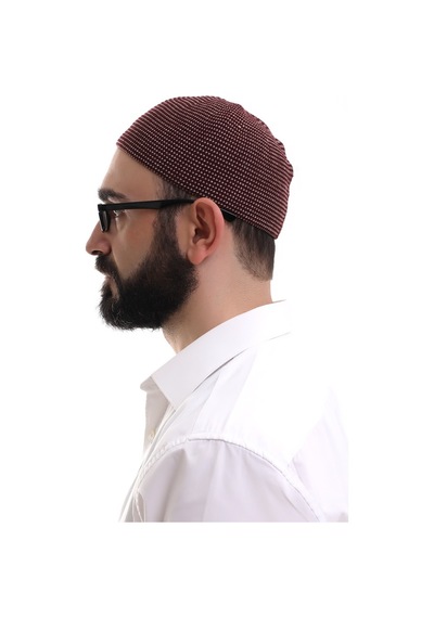 Bordo Kışlık Nokta Desenli Orlon Namaz Takkesi