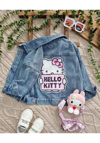 Berfonzo Kids Kız Çocuk Hello Kitti Kot Ceket Mavi