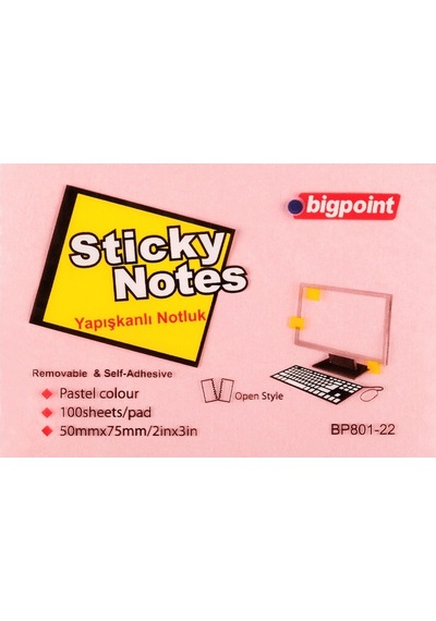 Bigpoint Yapışkanlı Not Kağıdı 75x50mm Pembe 12'li Paket