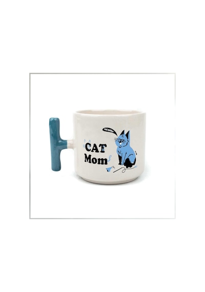 Cat Mom Baskılı Mavi Kulplu T Kupa