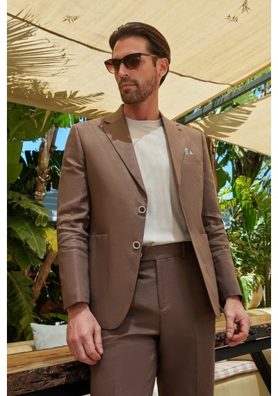 İmza Kahverengi Mono Yaka Keten 6 Drop Slim Fit Yarım Astar %100 Keten Takım Elbise 1001260164 Sütlü Kahverengi