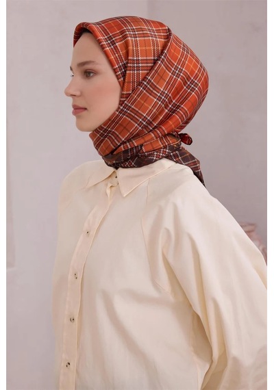 BELLİ Ekose Desen İpek Twill Eşarp 4218d01 Kiremit - 80