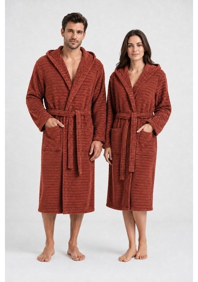 Pamuklu Kapüşonlu Banyo Bornozu Yumuşak Doku Çeyiz Cepli Kemerli Unisex Kiremit