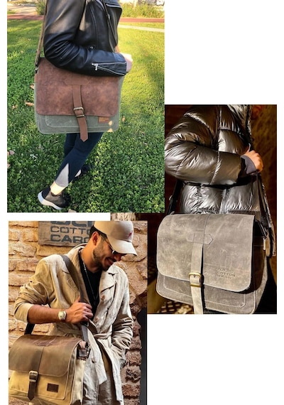 Dark Cotton 7503 Hakiki Deri Kapaklı Suya Dayanıklı Mumlu Kanvas 15 Laptop, Okul, Evrak Seyahat Çantası Camel