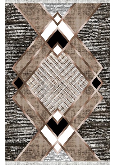 Krem Ve Bakır Renklerde Modern Geometrik Desenli Dijital Baskılı Halı Kaymaz Tabanlı, Üçgen Ve