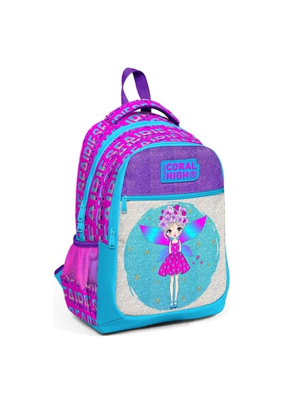 Coral High Kids Pembe Mavi Peri Desenli Simli Üç Bölmeli Okul Sırt Çantası 23484