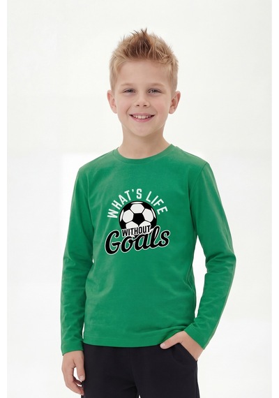 Panios Kids Yuvarlak Yaka Uzun Kollu Baskı Detaylı Erkek Çocuk Sweatshirt Yeşil