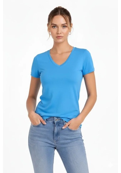Suma T-shirt V Yaka Slim Fit Likralı Tişört Günlük Basic Body - Açık Mavi