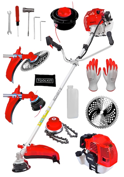 Schatz 5.9 Hp Yan Tipi Benzinli Motorlu Ot Çalı Çim Biçme Tırpanı 11000rpm Kırmızı + Canavar Başlık