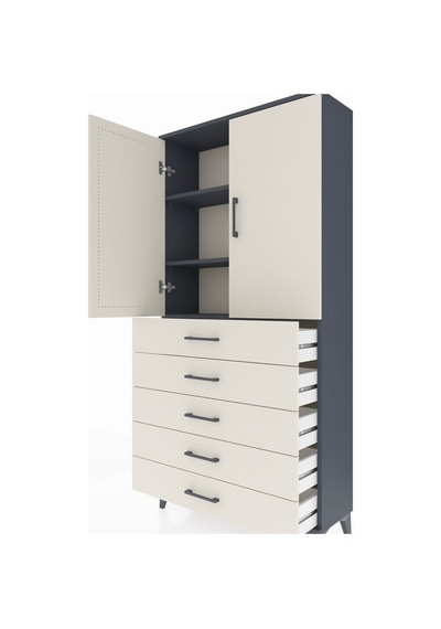Arges Dolap 3 Raflı 5 Çekmeceli 2 Kapaklı 88x30x182 Antrasit-... Antrasit