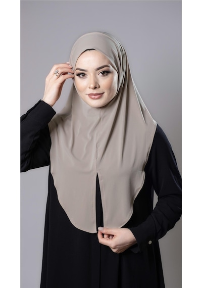 Hürrem Bone Bej Pratik Hazır Geçmeli Tesettür Eşarp Sandy Kumaş Yırtmaçlı Düz Hijab 2310 12