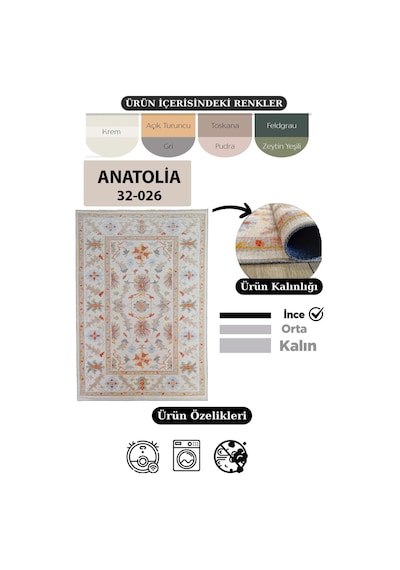Çam Halı Anatolia 32-026 Etnik Eskitme Desenli Dokuma Tabanlı Yıkanabilir Şönil Salon Ve Oda Halısı Multi 22