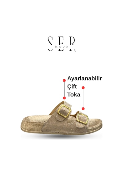 Sermoda Çift Toka Kadın Terlik - Rahat Ve Esnek Tabanlı Ayarlanabilir Bantlı Kadın Terlik Altın