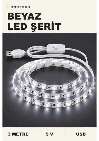 Onerous 3 M 5v Beyaz Led Şerit, Anahtarlı, Usb