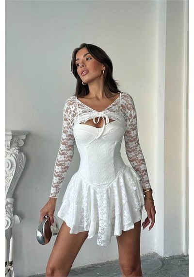 Neşeli Butik Kadın Bolero Detaylı Güpür Prenses Elbise Nbdf107 Beyaz