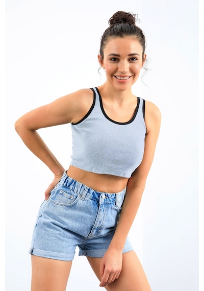 Tommy Life Gök Mavi Basic Sıfır Kol Dar Kalıp U Yaka Kadın Crop Top Atlet - 97162 Mavi