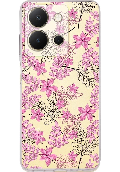 Vivo Y36 Uyumlu Kamera Korumalı Floral Pembe Tasarımlı Şeffaf Silikon Kılıf