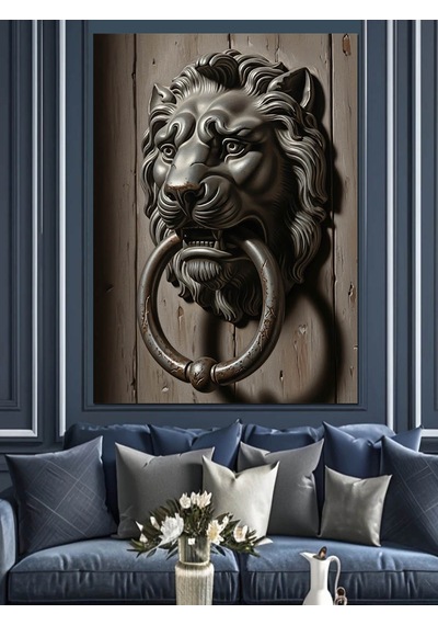 Ahşap Tablo Aslan Başlı Kapı Tokmağı