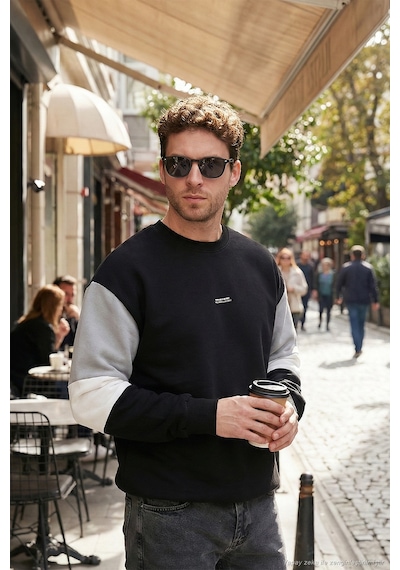 Buratti Pamuklu Relaxed Fit Bisiklet Yaka Şardonlu Renk Bloklu Erkek Sweat 5905298T Siyah