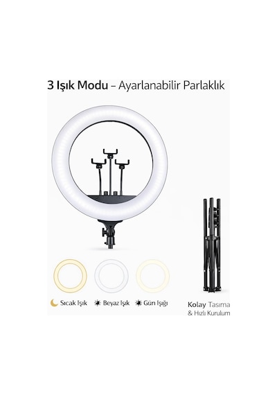 Ayrex 21 İnç 54 Cm Profesyonel Ring Light 210 Cm Ayarlanabilir Tripodlu, 3'lü Telefon Tutuculu, 3 Işık Modlu,