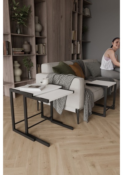 Bronte 3 Lü Zigon Sehpa, Metal Zigon Sehpa Beyaz