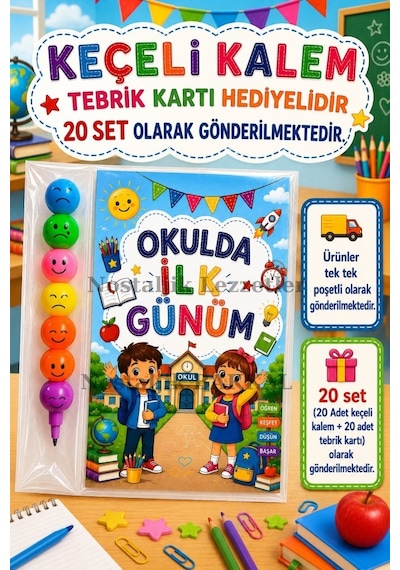 20 Adet Okulda İlk Günüm Yazılı Hediye Seti 1. Sınıf- Sene Başı Hatırası Keçeli Kalem Tebrik Kartı Hediyeli