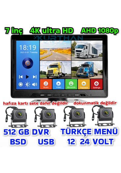 7 İnç 4 Ch Ahd 1080p Ultra Hd 512 Gb Dvr-usb-bsd Monitör Seti 12 - 24 Volt