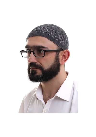 Füme Gri Hasır Desen Kışlık Kadife Namaz Takkesi Füme
