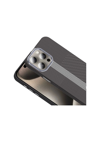 Apple Uyumlu iPhone 15 Pro Max Kılıf Magsafe Şarj Özellikli Karbon Fiber Görünümlü Redclick Gros Kapak Gri-siyah