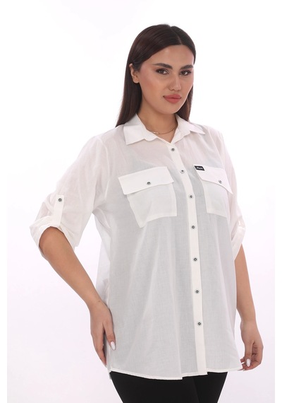 Lady Majestic %100 Cotton Büyük Beden Natural Gömlek - Beyaz