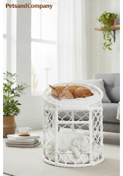 Lüks İki Katlı Kedi Evi, El Yapımı Özel Tasarım Örgü Kedi Yatağı, Modern Kedi Kulübesi Beyaz