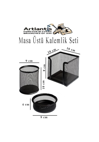 Masa Üstü Siyah Fileli Kalemlik Seti 3 Parça 1 Paket 3 Lü Masa Üstü Düzenleyici Kalemlik Küp Notluk Ataşlık