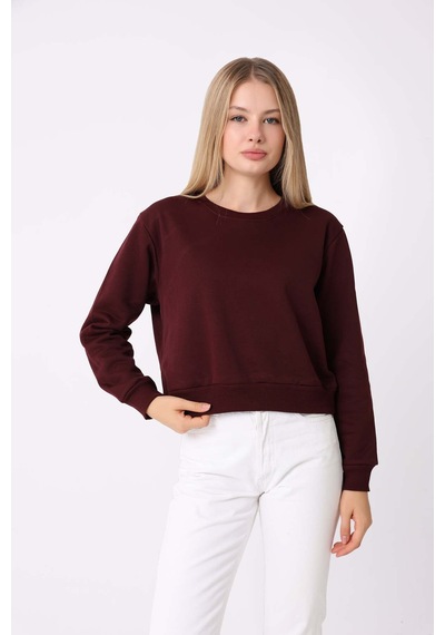Defys Kadın Bisiklet Yaka Üç İplik Şardonlu Basic Sweatshirt Bordo - 747511219 Bordo