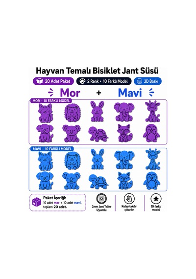 Hayvan Temalı Bisiklet Jant Süsü 20 Parça 2 Renk 10 Farklı Model Mor-mavi Mor - Mavi
