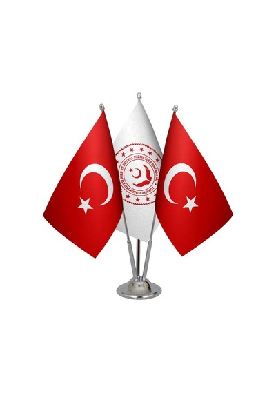 Masa Üstü Aile Bakanlığı Bayrağı Türk Bayrağı Üçlü Krom Direk Mas