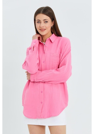 Mixray - 3833 Kadın Oversize Cepli Müslin Gömlek Pembe