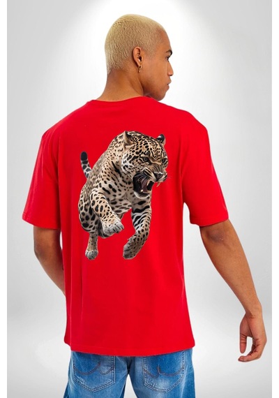 Jaguar Sırtından Çıkan Kırmızı Oversize Unisex Ön Ve Sırt Baskılı Tişört Kırmızı