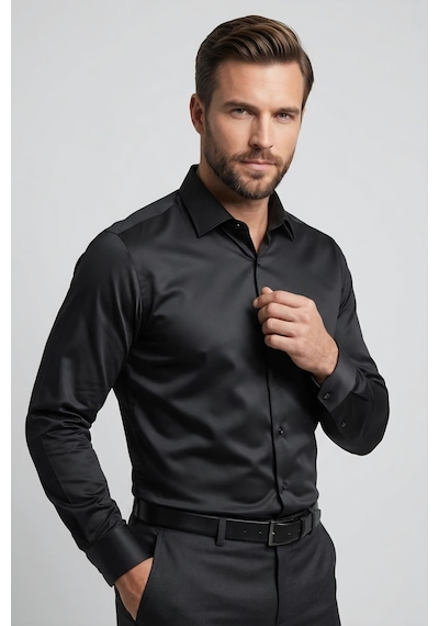 Torivalli Collection Dar Kesim Slimfit Saten Kolay Ütülenebilen Mevsimlik Cepsiz Uzun Kollu Kol Düğmesi Takılabilen Erkek Gömlek Siyah