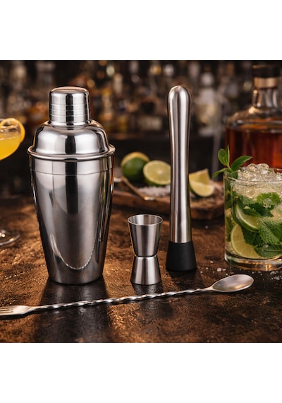 Perlotus Premium Kokteyl Seti 4 Parça Paslanmaz Çelik Bar Miksoloji Seti 500 Cc Shaker Jigger Mojito Tokmağı Burgulu Karıştırma Kaşığı