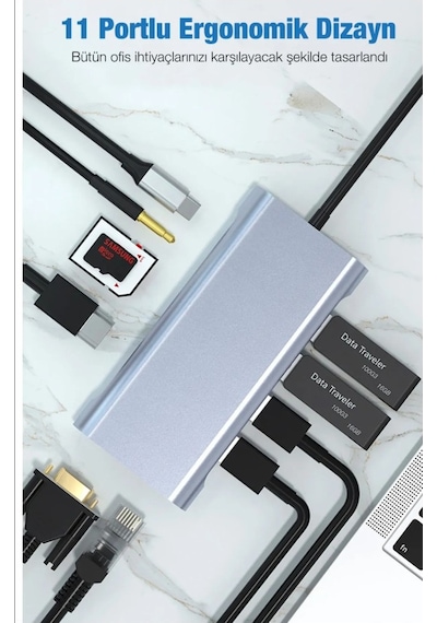 Taplın 11 In 1 Type-c To Usb Hub Port Uyumlu Adaptör Hdmı 4x Usb Lan Vga Sd Card Çevirici Çoklayıcı