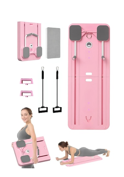 Pilates Aleti Zamanlayıcılı, Direnç Bantlı Çok Amaçlı Egzersiz Tahtası Açık Pembe