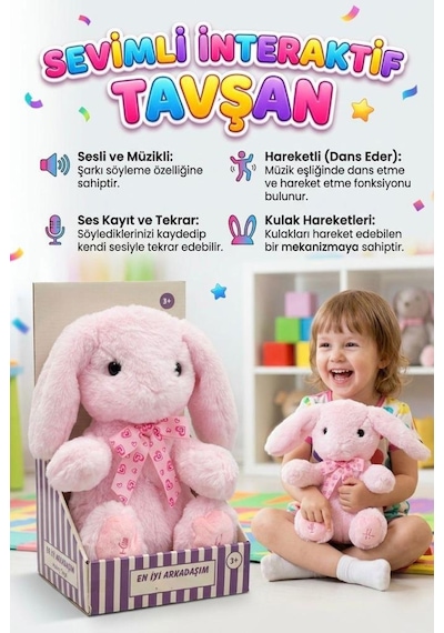 Pembe Tavşan Arkadaşım Sesli Müzikli Ses Kaydı Ve Ses Tekrarı Yapan Hareketli Kulaklı Oyuncak Peluş