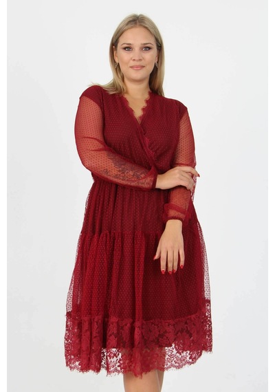 Dip Moda Kadın Astarlı Tül Büyük Beden Elbise Dpapcx14 Bordo