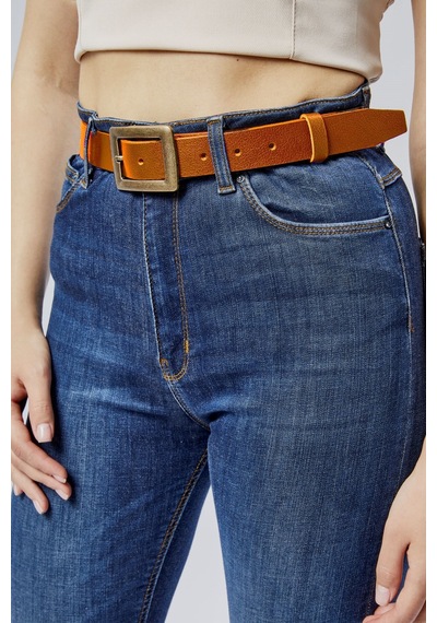 %100 Hakiki Deri Antik Sarı Tokalı Kadın Kemeri 3cm Taba