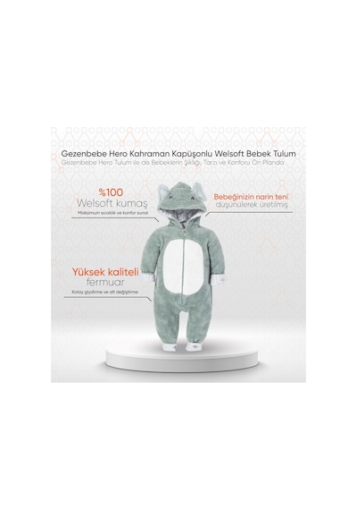 Gezenbebe Hero Kahraman Kapüşonlu Welsoft Bebek Tulum Gri