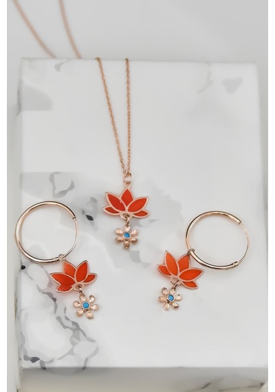 Papatya Silver 925 Ayar Gümüş Rose Kaplama Parlayan Rüya Serisi Tasarım Ebruli Cam Boyamalı Lotus Kolye ve Küpe Set