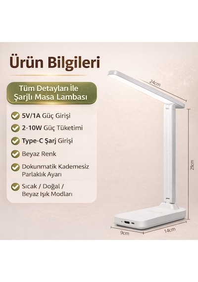 Polham Şarjlı Katlanabilir Led Masa Lambası 3 Işık Modu Göz Koruyucu 800mah Telefon Tutuculu Beyaz