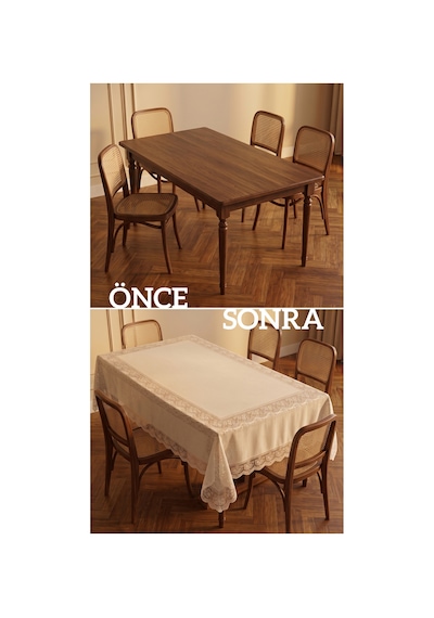 Ekru Masa Örtüsü Dantel Kenarlı Leke Tutmaz Silinebilir Şık Yemek Masası Örtüsü 140x220 Cm Ekru - Bej