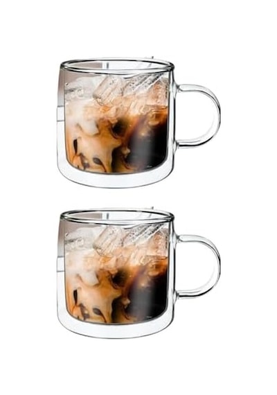 Cam Çift Cidarlı Cam Kupa, Kahve, Latte Ve Çay Kupa Seti, 250 Ml, Şeffaf, Modern, 2 Adet - 12128 Açık Ahşap